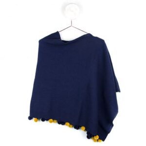 Navy Blue Poncho with Pom Poms