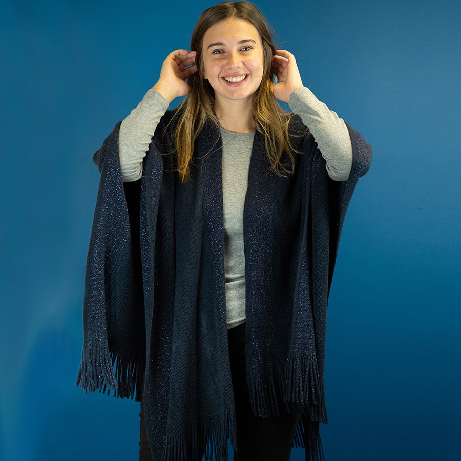 Knitted Winter Wrap With Gold Lurex Detail 60101 - Navy - Image 4