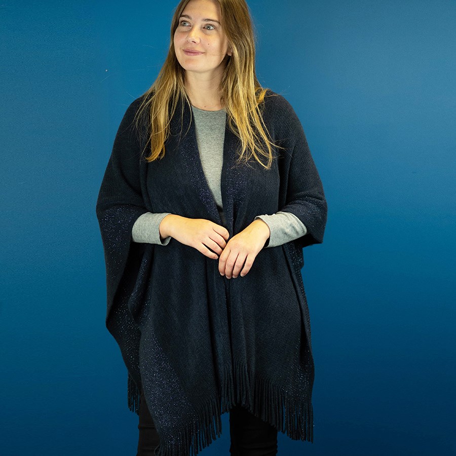 Knitted Winter Wrap With Gold Lurex Detail 60101 - Navy - Image 2