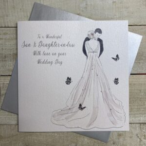 White Cotton Son & Daughter In Law Wedding Card - XD11-S