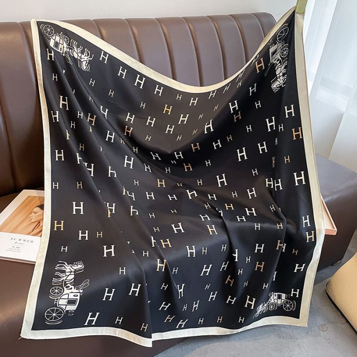 H Print Silky Scarf F794 - Black - Image 3