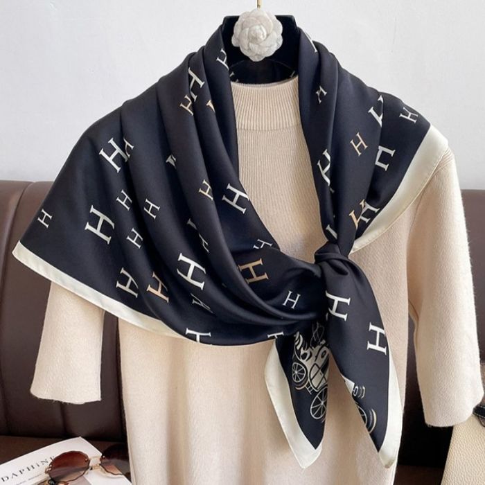 H Print Silky Scarf F794 - Black - Image 2