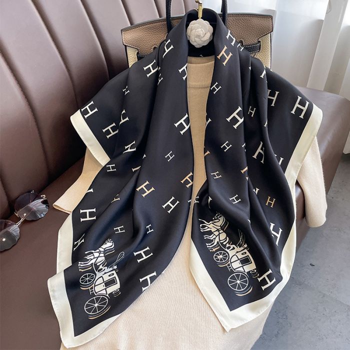 H Print Silky Scarf F794 - Black
