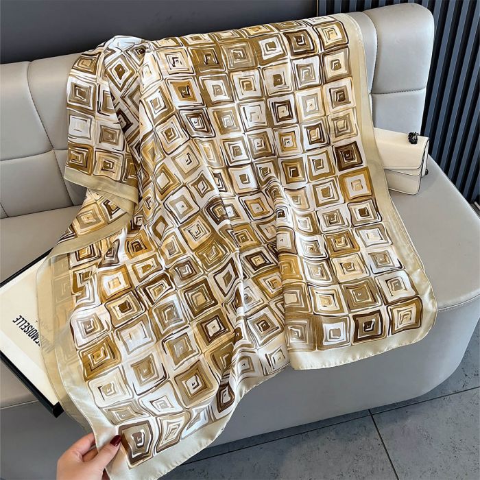 Abstract Squares (Designer Inspired) Silky Scarf 350 - Gold & Beige - Image 2