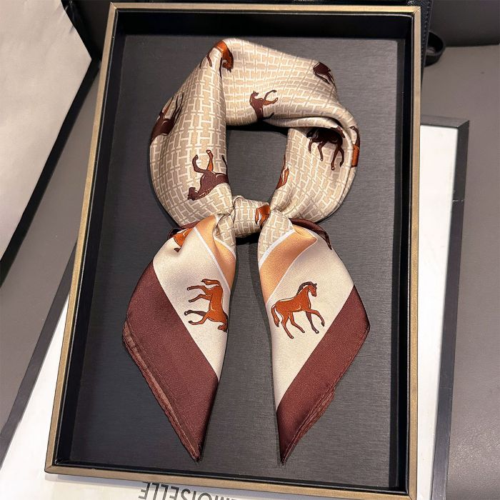 H Print Horses Silky Scarf F787 - Beige
