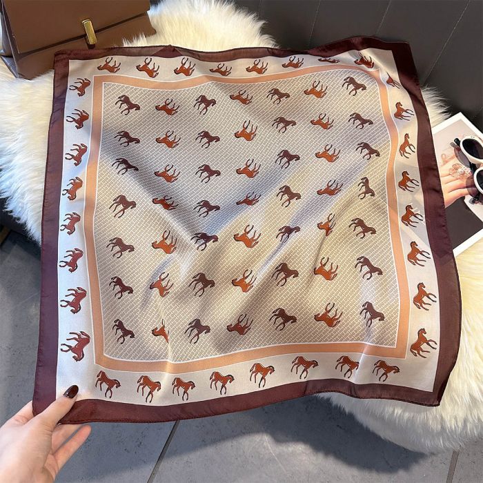H Print Horses Silky Scarf F787 - Beige - Image 2